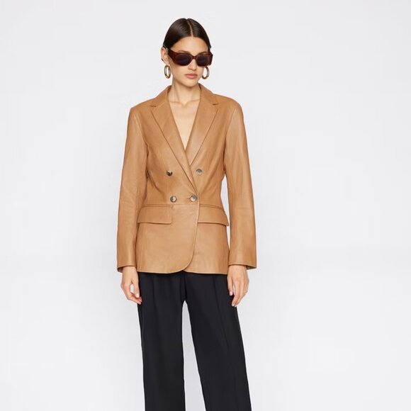NWT FRAME ’70s Double-Breasted Leather Blazer Latte Size 6 - Picture 3 of 11